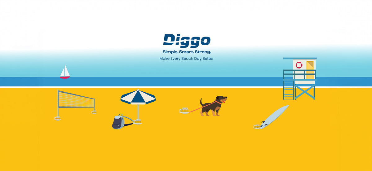 Illustrated DIGGO beach scene with the sea, a dog, umbrella, surfboard and beach activities